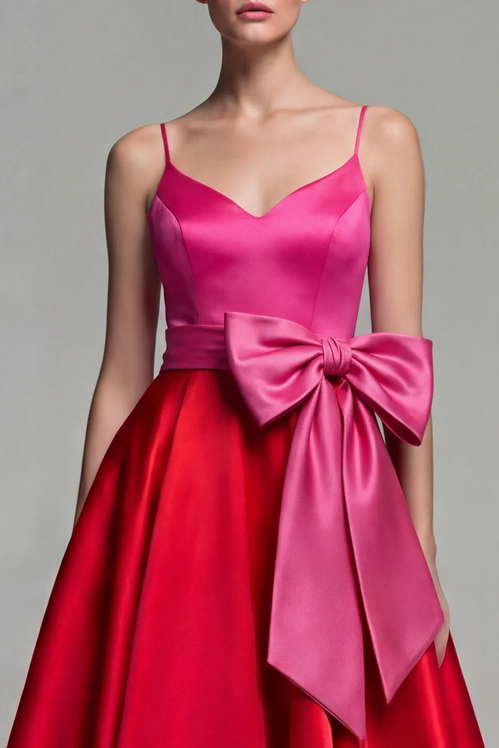 Fuchsia and Red A Line Satin Spaghetti Straps Midi Formal Dress with Bow sold by Zapaka product image thumbnail 3