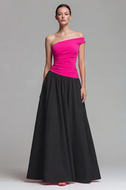 Fuchsia and Black One Shoulder A Line Long Formal Dress sold by Zapaka