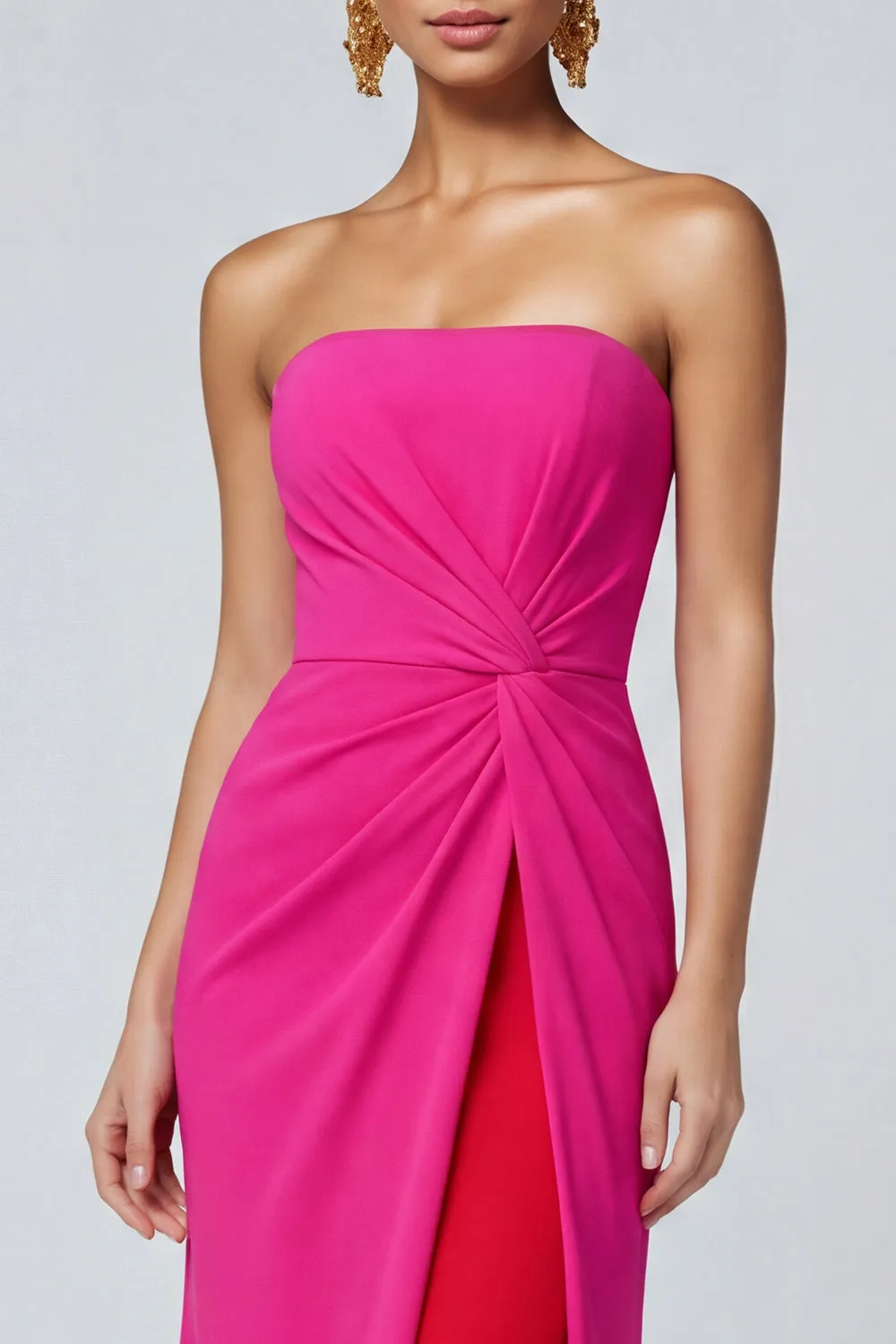 Fuchsia and Red Color Block Strapless Mermaid Ruched Long Formal Dress sold by Zapaka product image thumbnail 3