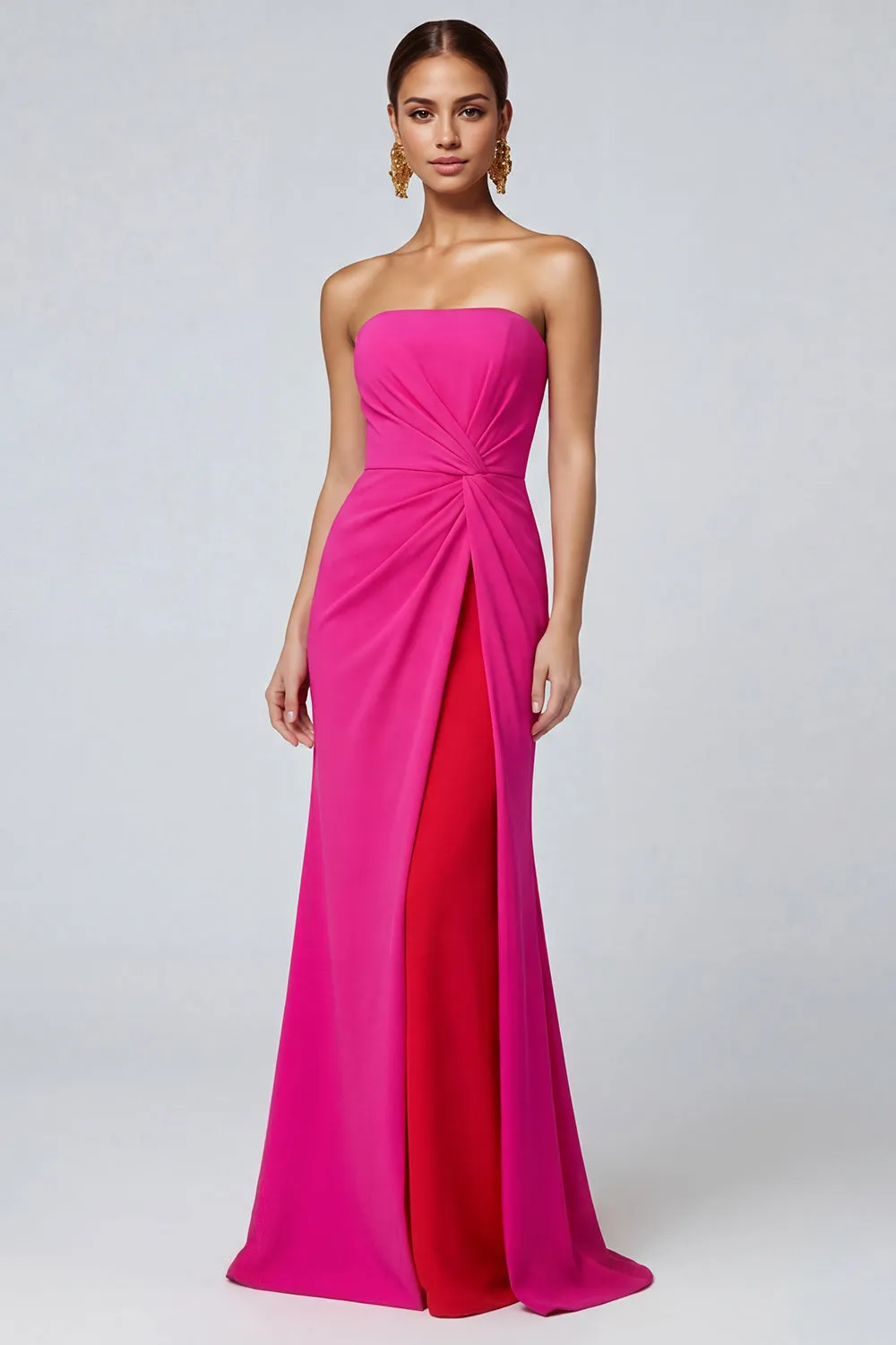 Fuchsia and Red Color Block Strapless Mermaid Ruched Long Formal Dress sold by Zapaka