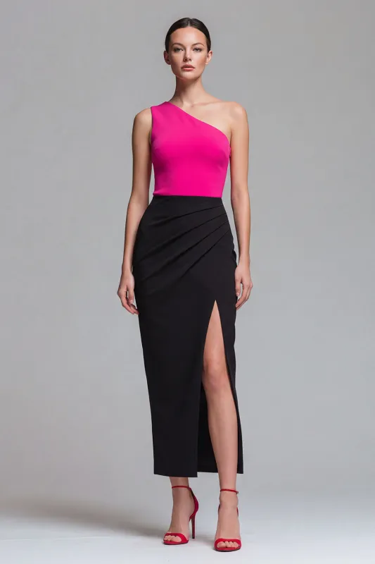 One Shoulder Fuchsia and Black Sheath Midi Formal Dress with Slit made by Zapaka