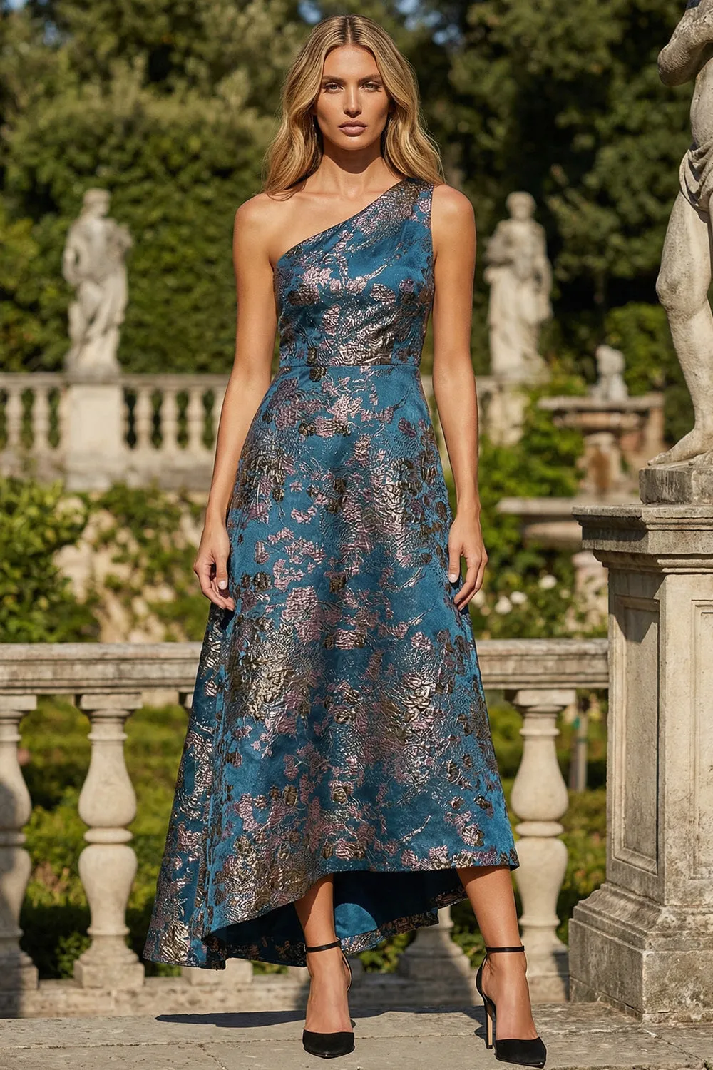 Peacock Blue A Line One Shoulder Asymmetrical Jacquare Formal Dress sold by Zapaka