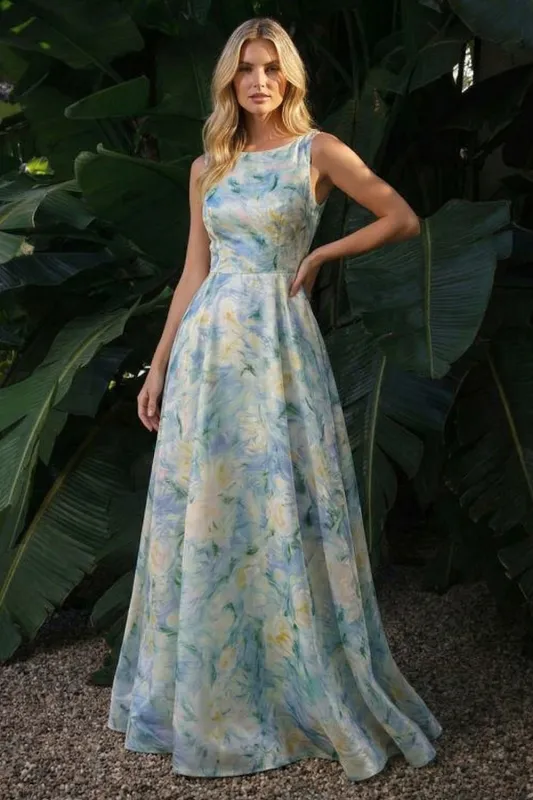 Light Green A Line Boat Neck Long Floral Dress made by Zapaka