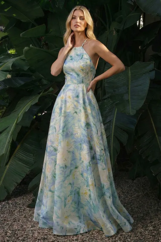 Light Green A Line Backless Halter Long Floral Dress made by Zapaka