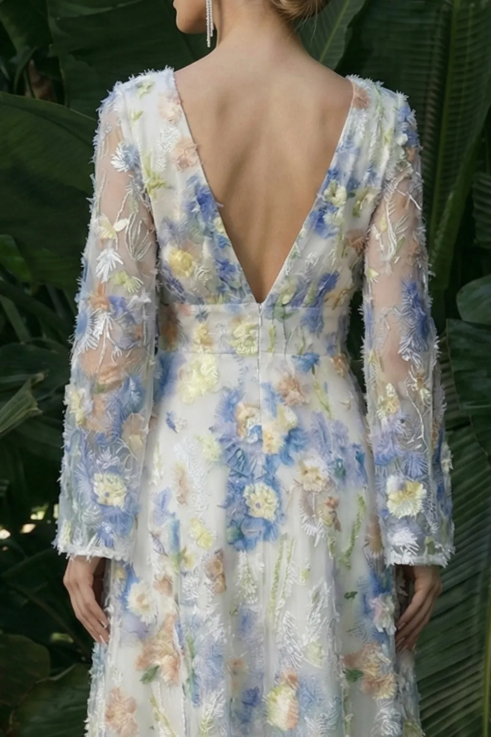 Light Blue A Line Long Sleeves V-Neck Floral Dress sold by Zapaka product image thumbnail 3