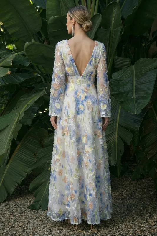 Light Blue A Line Long Sleeves V-Neck Floral Dress made by Zapaka