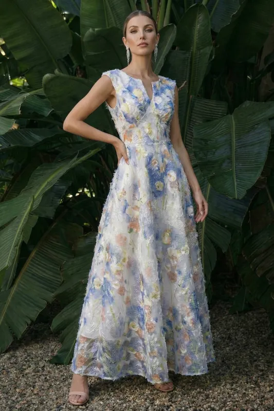 Light Blue A Line Boat Neck Long Floral Dress made by Zapaka