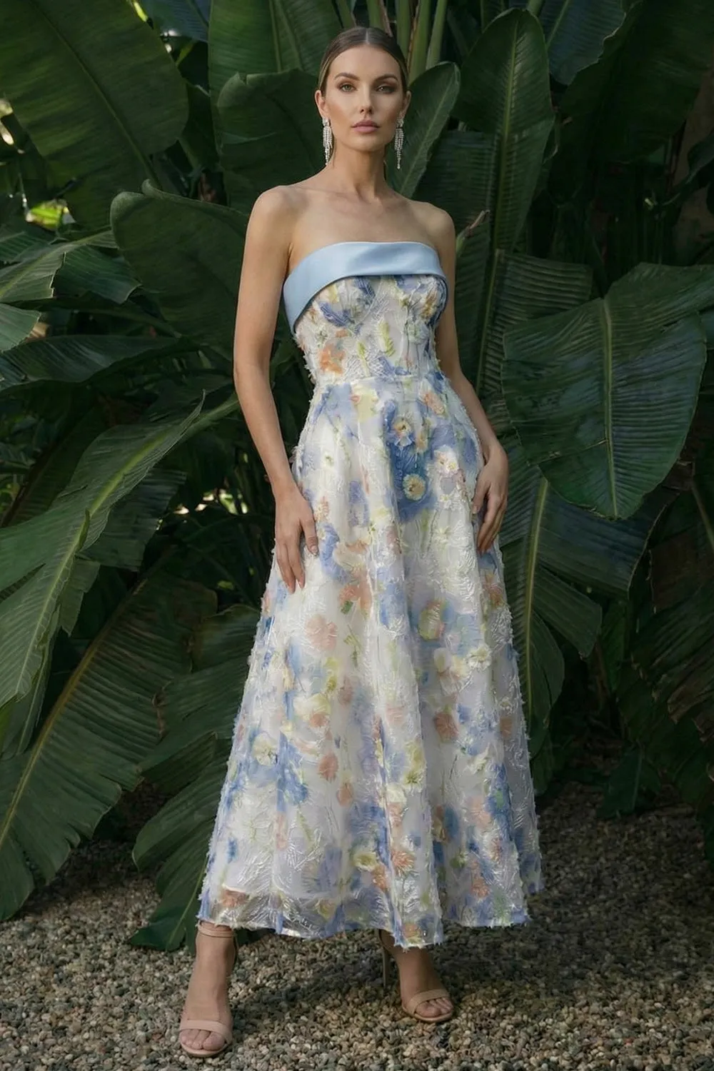 Light Blue Strapless Long A Line Floral Dress with Bows sold by Zapaka product image thumbnail 3