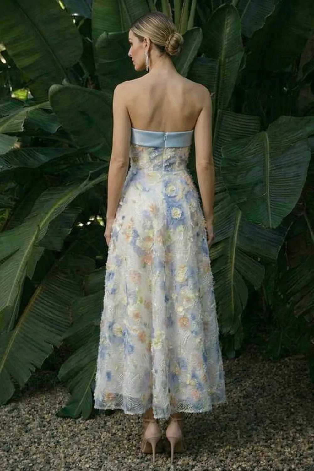 Light Blue Strapless Long A Line Floral Dress with Bows sold by Zapaka product image thumbnail 4