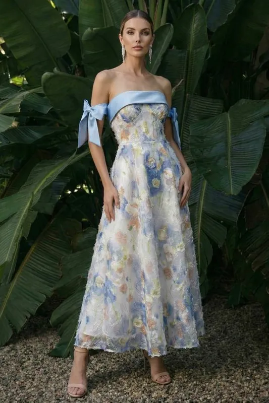Light Blue Strapless Long A Line Floral Dress with Bows made by Zapaka
