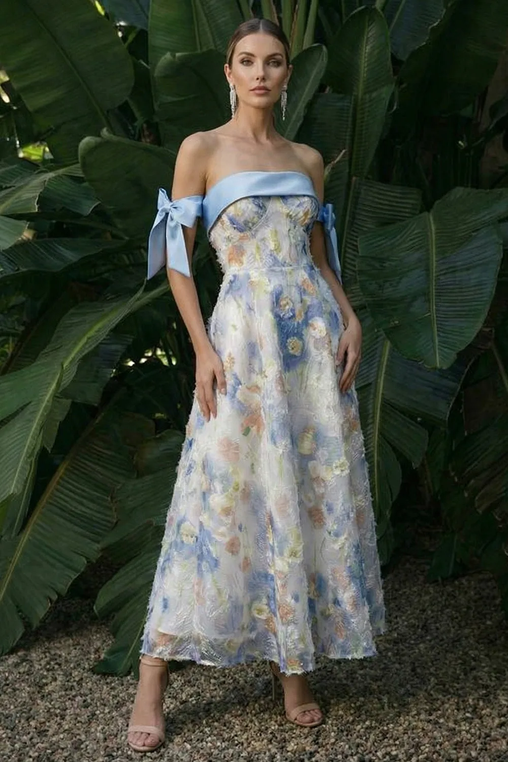 Light Blue Strapless Long A Line Floral Dress with Bows sold by Zapaka
