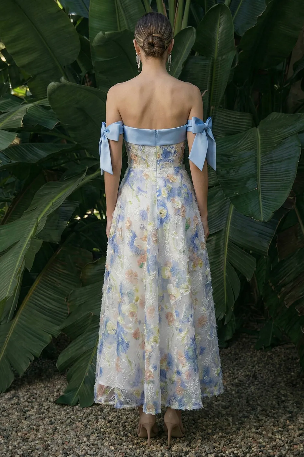 Light Blue Strapless Long A Line Floral Dress with Bows sold by Zapaka product image thumbnail 2