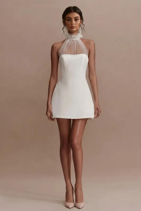 A-Line Mini Halter Neck Lace Little White Dress made by Zapaka