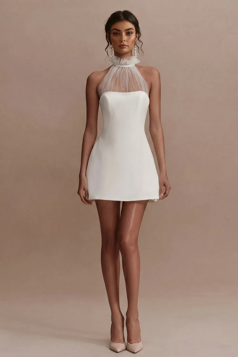 A-Line Mini Halter Neck Lace Little White Dress sold by Zapaka