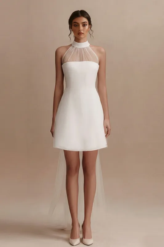 A-Line Mini Halter Neck Little White Dress with Sleeveless made by Zapaka