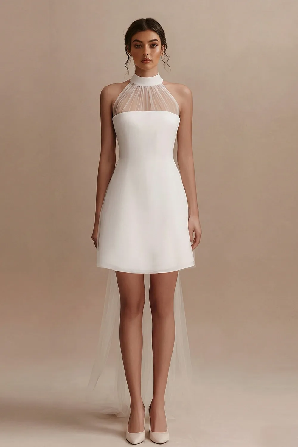 A-Line Mini Halter Neck Little White Dress with Sleeveless sold by Zapaka