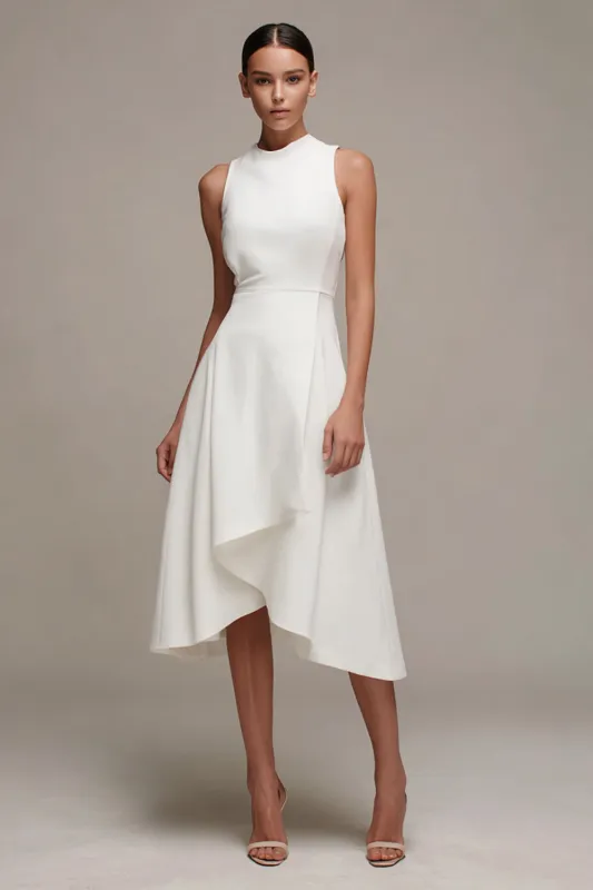 Midi A-Line Crew Neck Sleeveless Little White Dress made by Zapaka