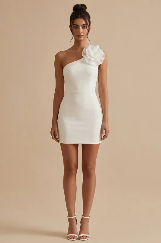 Sheath Mini One Shoulder Little White Dress with Flower made by Zapaka