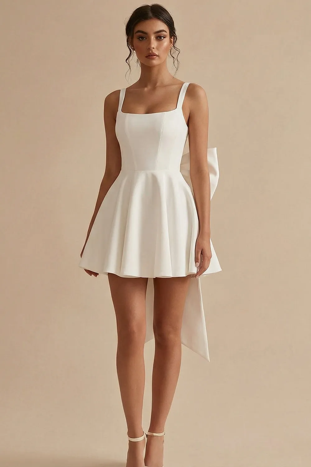 A-Line Spaghetti Starp Mini Satin Little White Dress with Bow sold by Zapaka