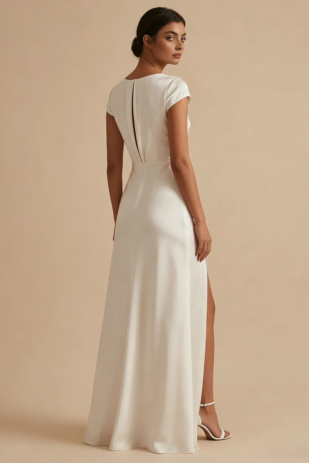 A-Line Cowl Neck Long Satin Short Sleeves Maxi White Dress with Slit sold by Zapaka product image thumbnail 2