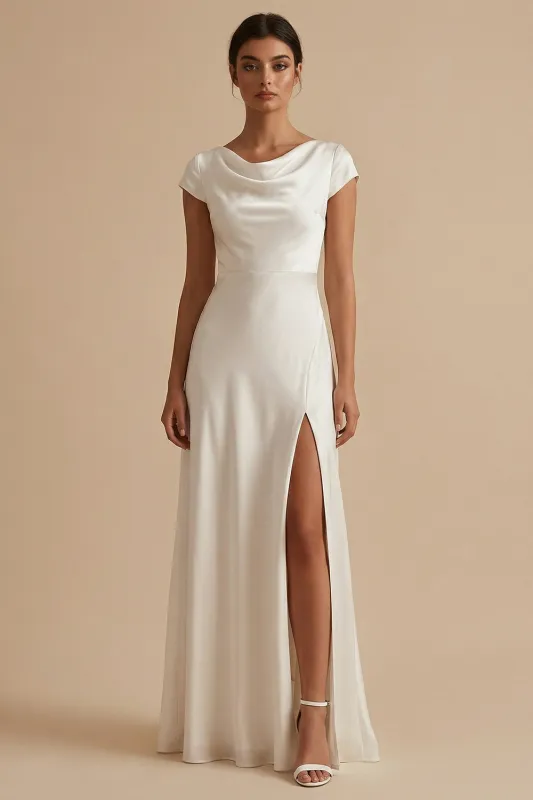 A-Line Cowl Neck Long Satin Short Sleeves Maxi White Dress with Slit made by Zapaka