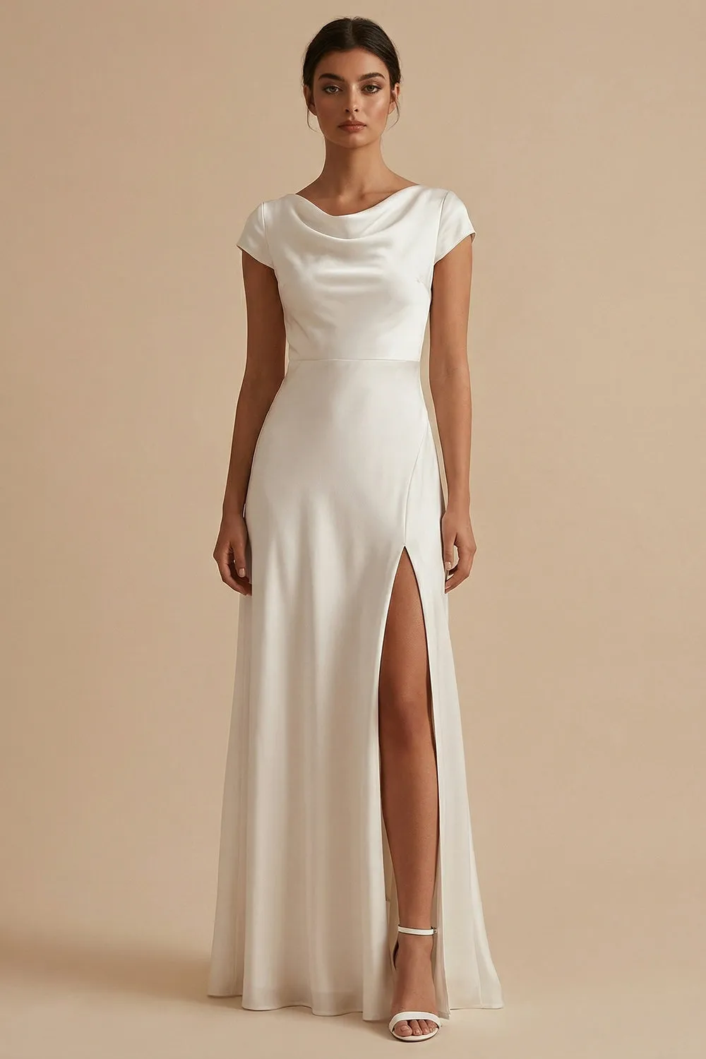 A-Line Cowl Neck Long Satin Short Sleeves Maxi White Dress with Slit sold by Zapaka
