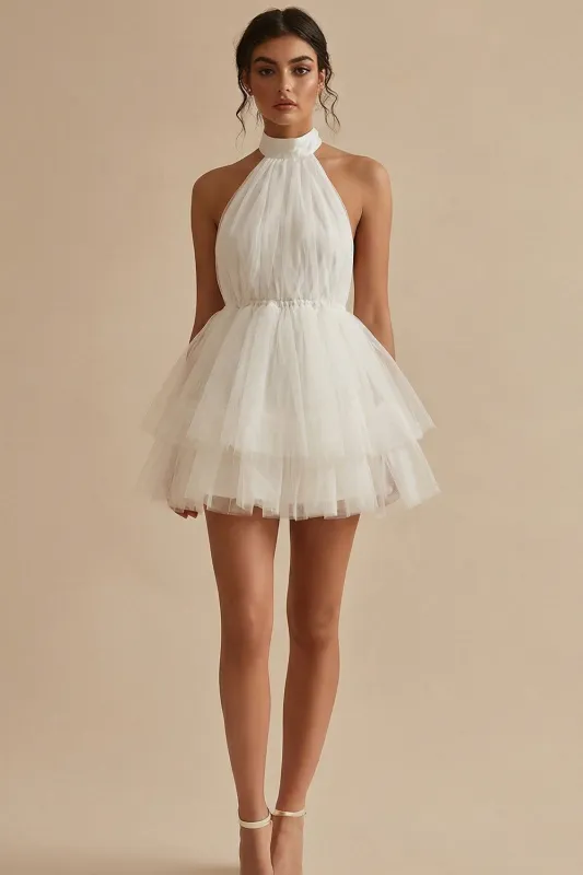A-Line Halter Neck Mini Tulle Tiered Ruffles Little White Dress made by Zapaka