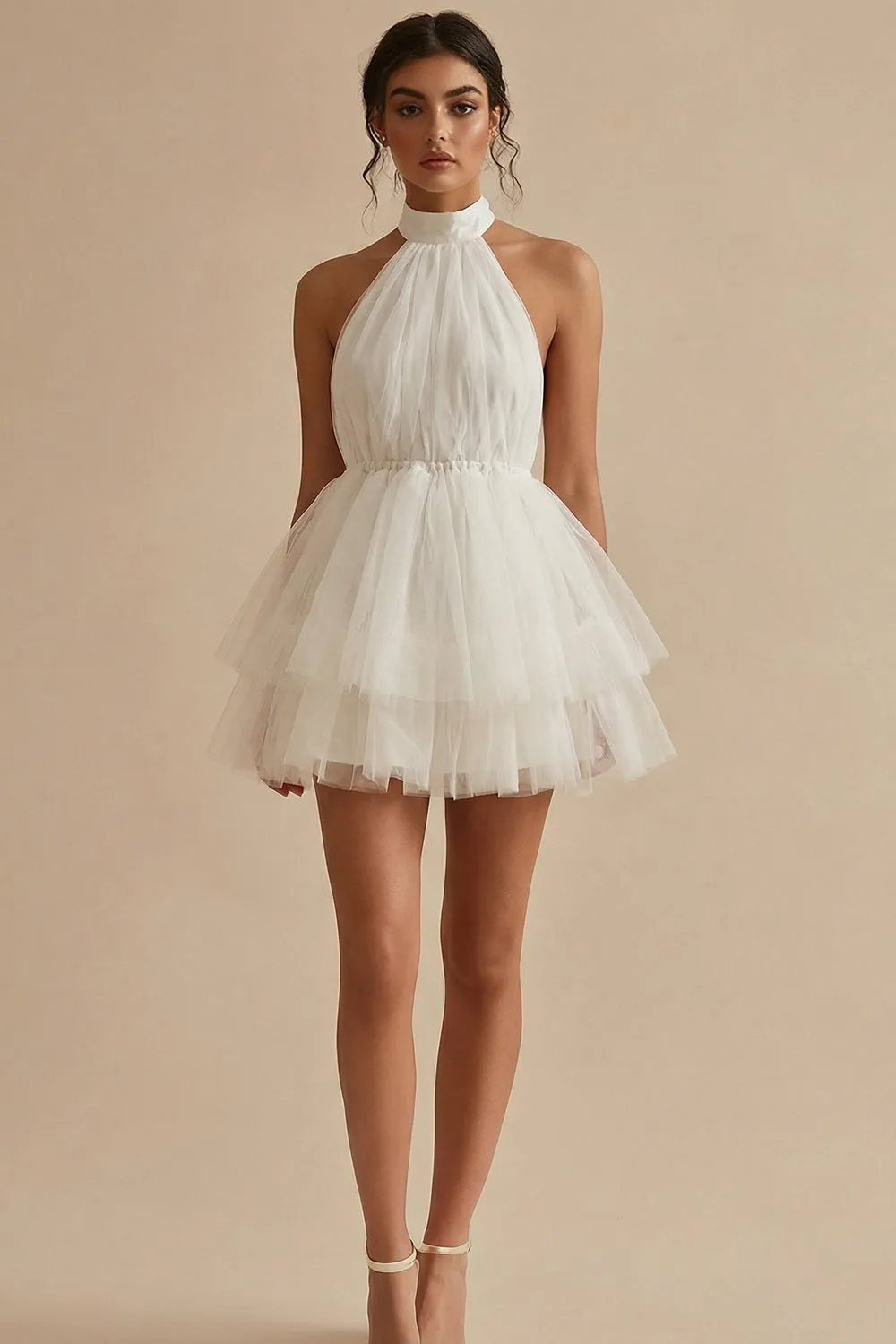 A-Line Halter Neck Mini Tulle Tiered Ruffles Little White Dress sold by Zapaka