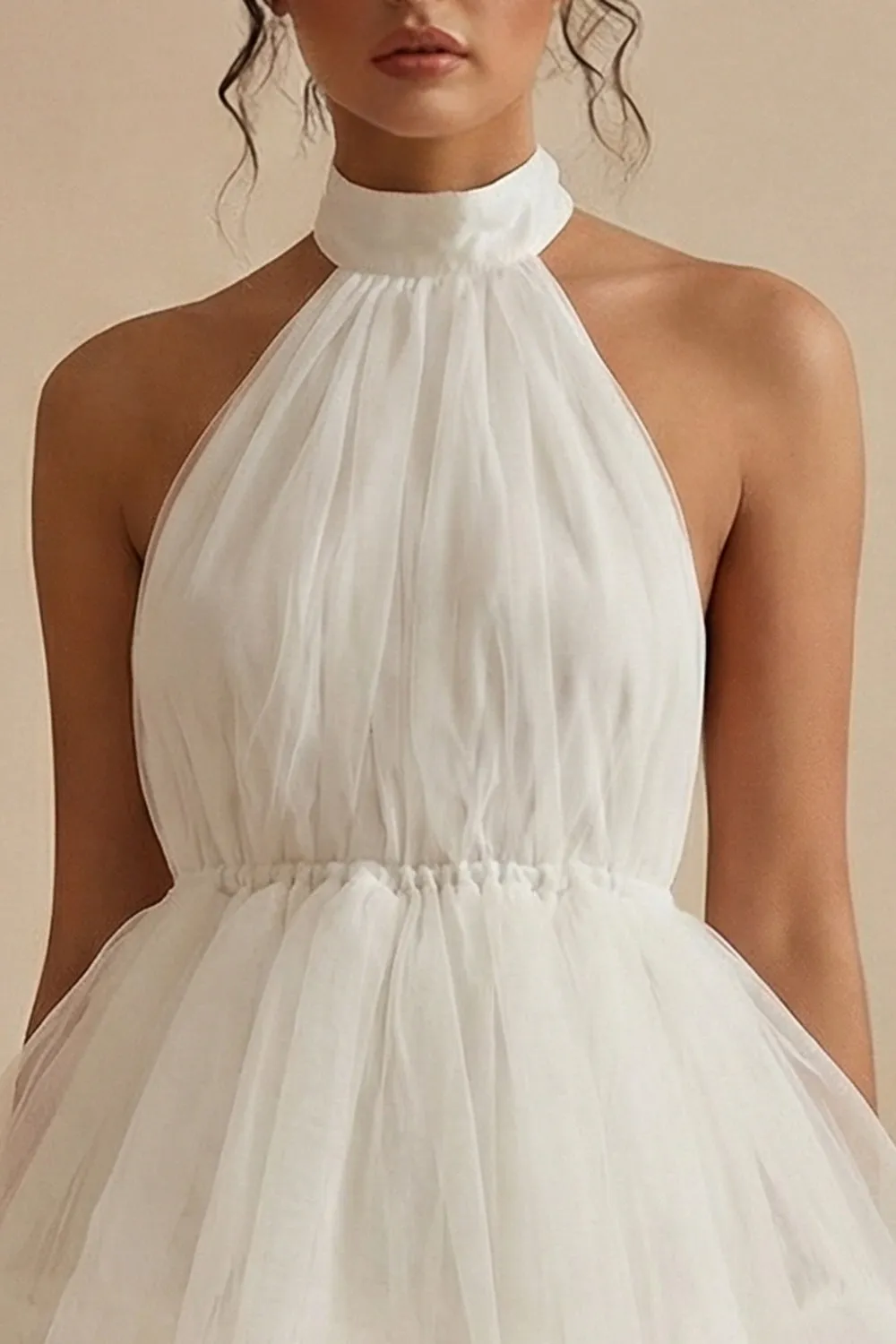 A-Line Halter Neck Mini Tulle Tiered Ruffles Little White Dress sold by Zapaka product image thumbnail 3