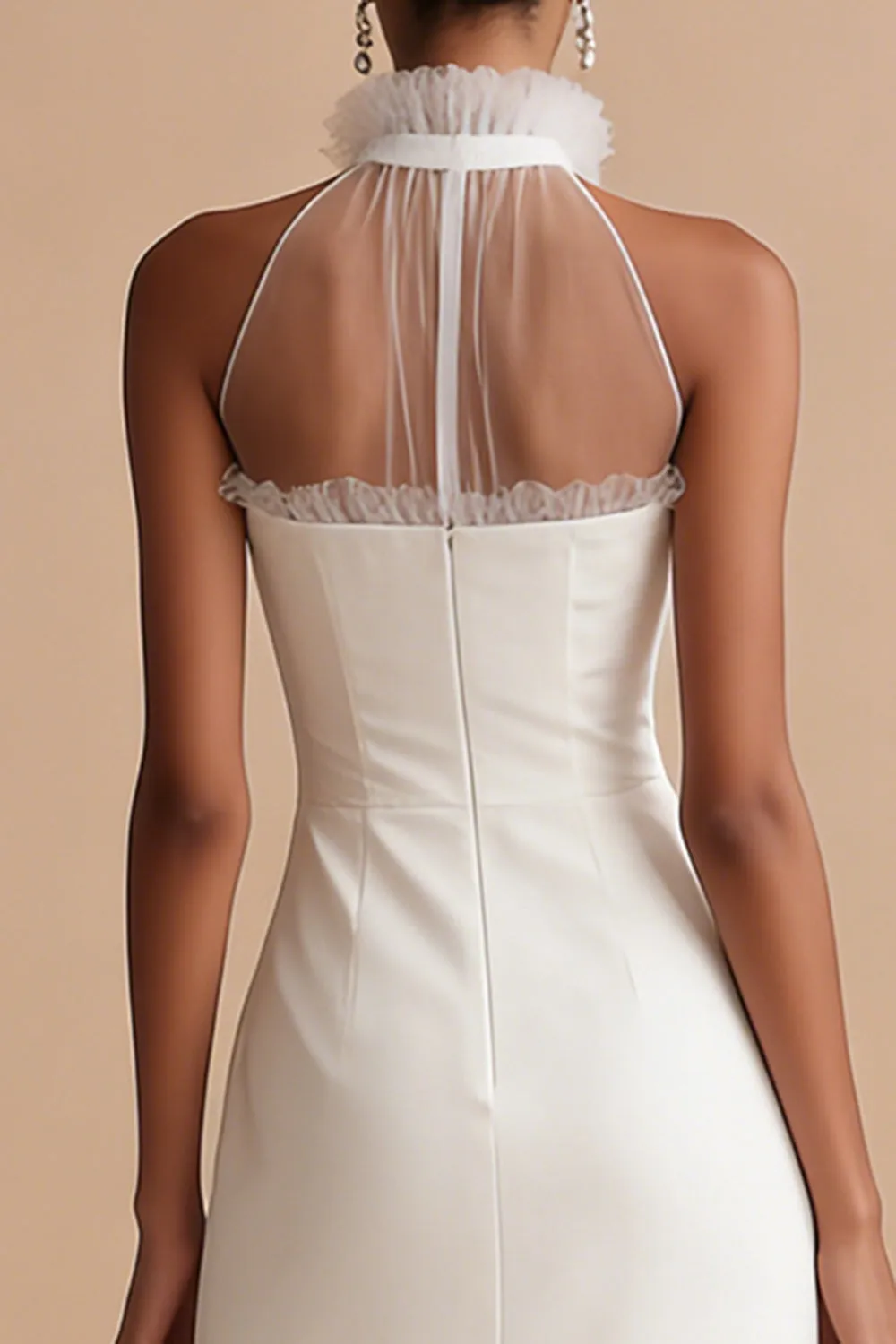 White Halter Neck Sheath Midi Lace Engagement Dress sold by Zapaka product image thumbnail 4