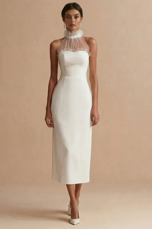 White Halter Neck Sheath Midi Lace Engagement Dress made by Zapaka