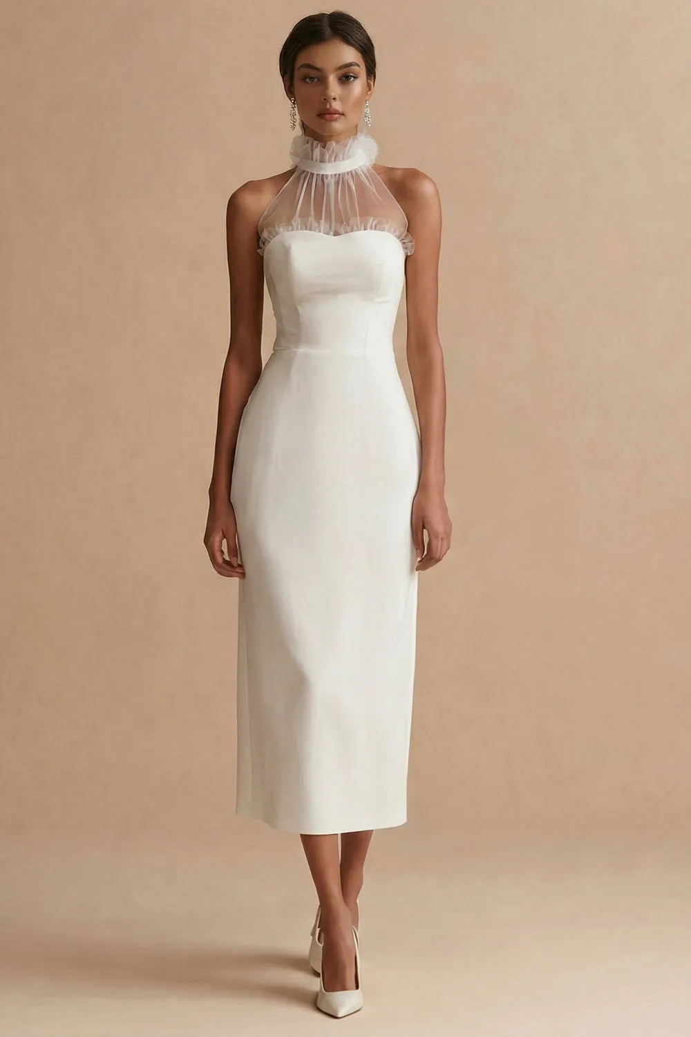 White Halter Neck Sheath Midi Lace Engagement Dress sold by Zapaka