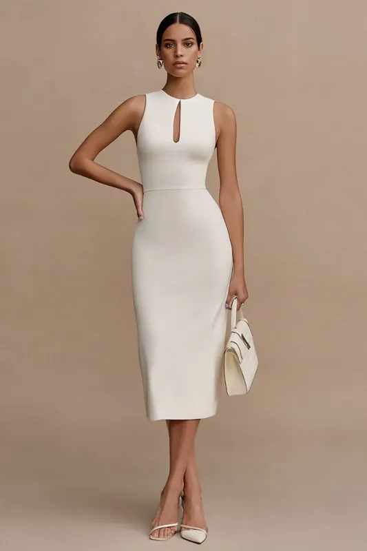 White Sheath Crew Neck Midi Satin Engagement Dress with Slit made by Zapaka