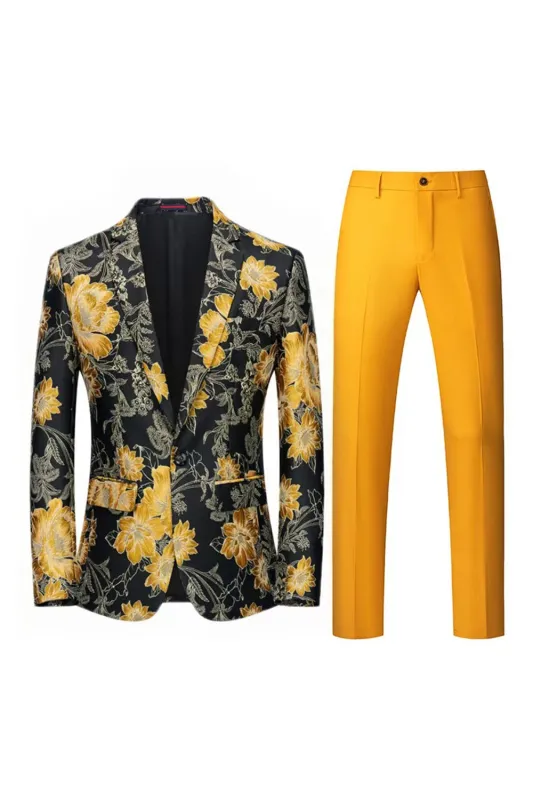 Yellow Floral 2-Piece One Button Notched Lapel Men's Prom Suits made by Zapaka