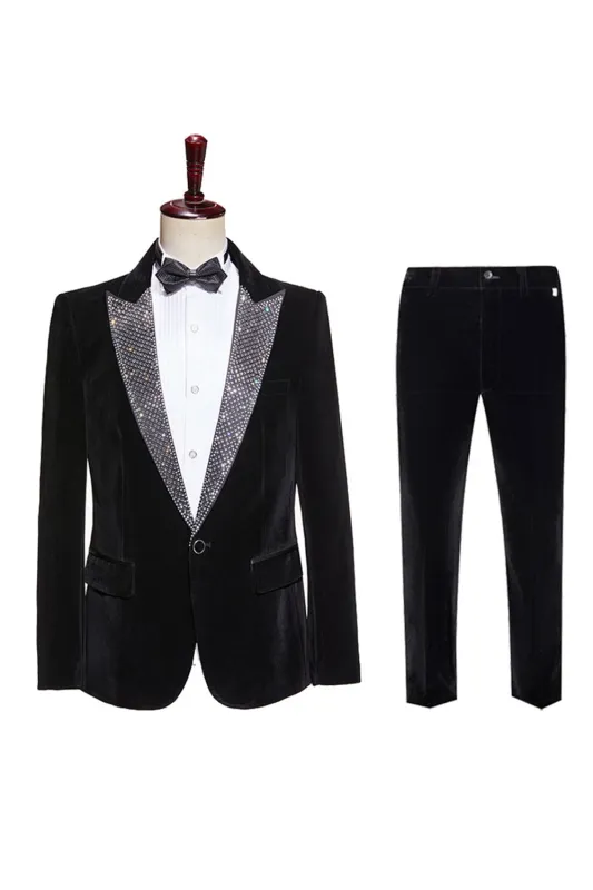 Sparkly Black 2-piece Peaked Lapel Velvet Men's Prom Suits made by Zapaka