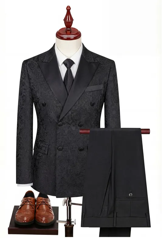 Black Double Breasted Peaked Lapel 3-Piece Men's Suits made by Zapaka