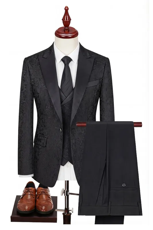 Black 3-Piece Peaked Lapel One Button Men's Suits sold by Zapaka