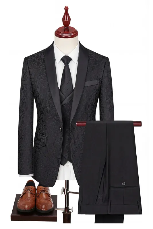 Black Shawl Lapel One Button 3-Piece Men's Suits made by Zapaka