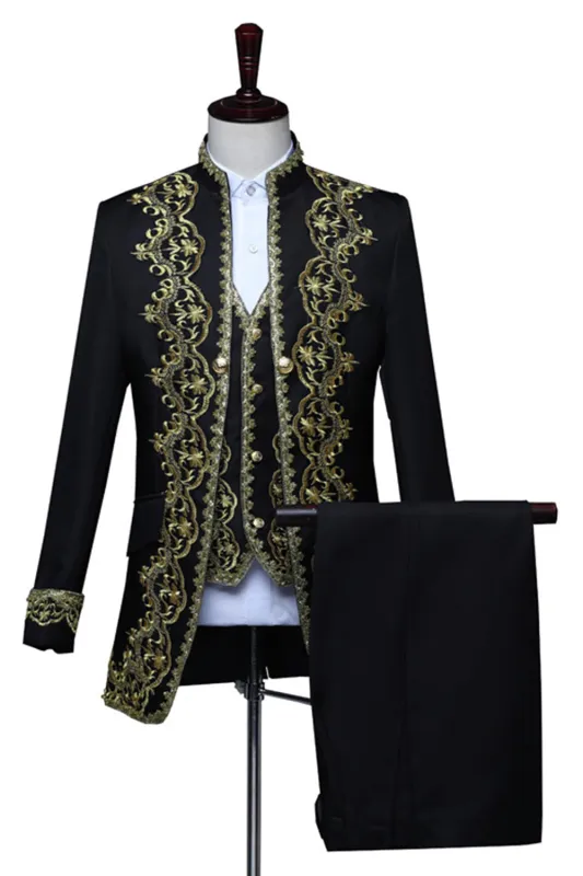 Baroque-Style Black Floral Embroidered Stand-Collar Men's 3-Piece Suit made by Zapaka