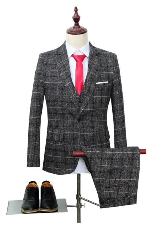 Black Plaid Notched Lapel One Button 3-Piece Men's Formal Suits made by Zapaka