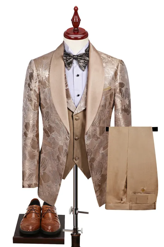 Champagne Shawl Lapel One Button Floral Men's Suits made by Zapaka