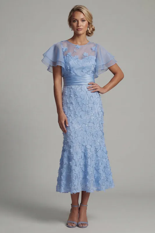 Light Blue Mermaid Appliqued Midi Mother of the Bride Dress with Ruffle Sleeves made by Zapaka