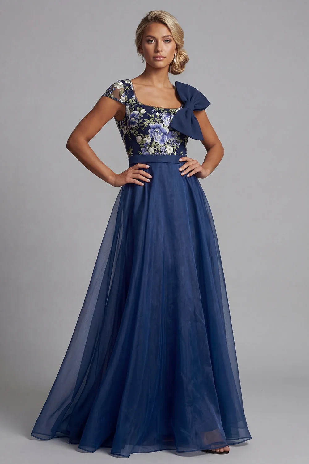 Navy Flower A Line Chiffon Square Neck Long Mother of the Bride Dress with Bow sold by Zapaka