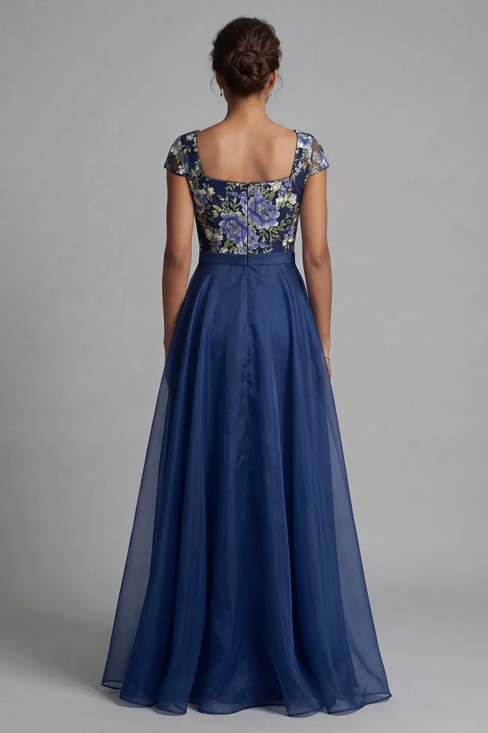Navy Flower A Line Chiffon Square Neck Long Mother of the Bride Dress with Bow sold by Zapaka product image thumbnail 2