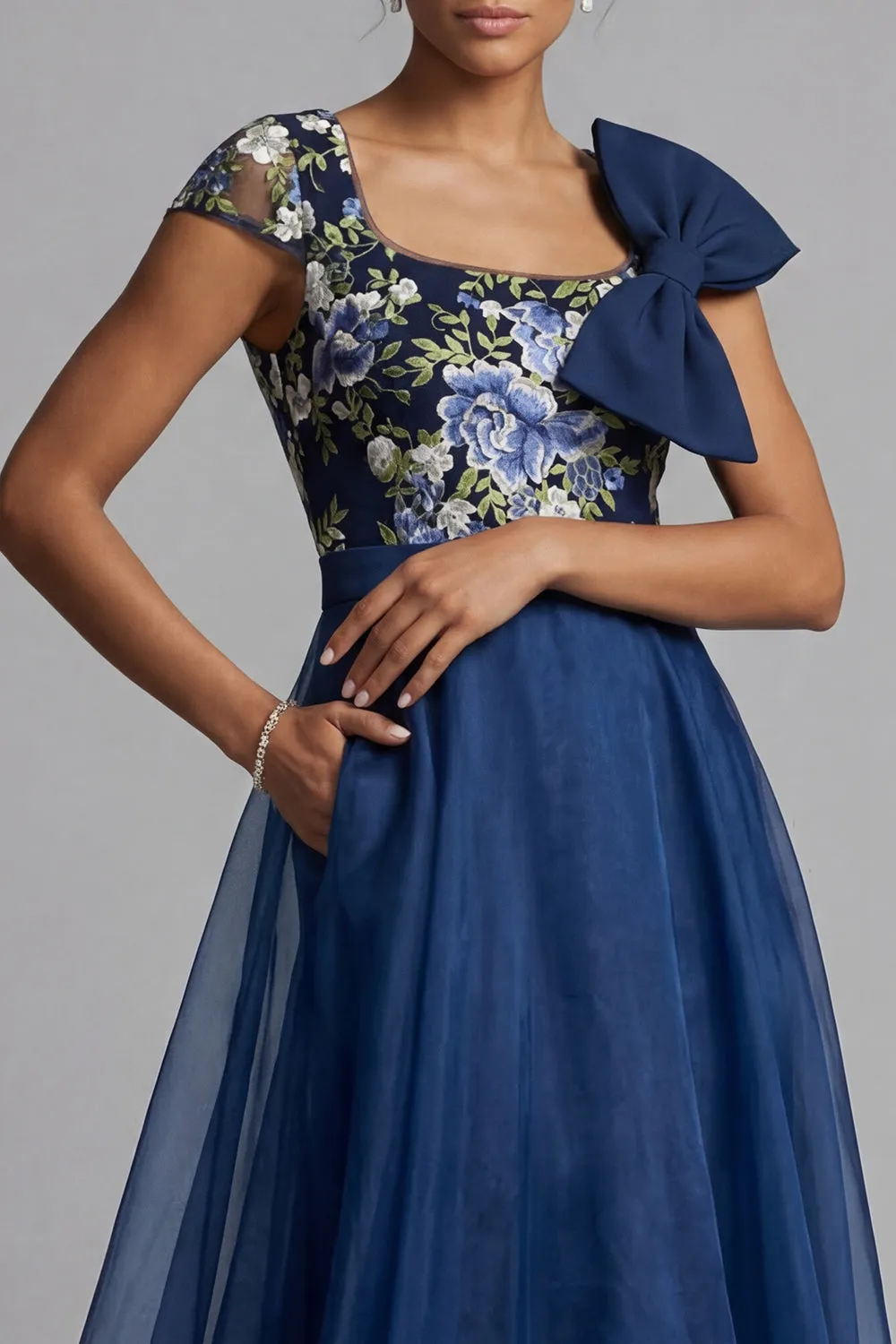 Navy Flower A Line Chiffon Square Neck Long Mother of the Bride Dress with Bow sold by Zapaka product image thumbnail 4