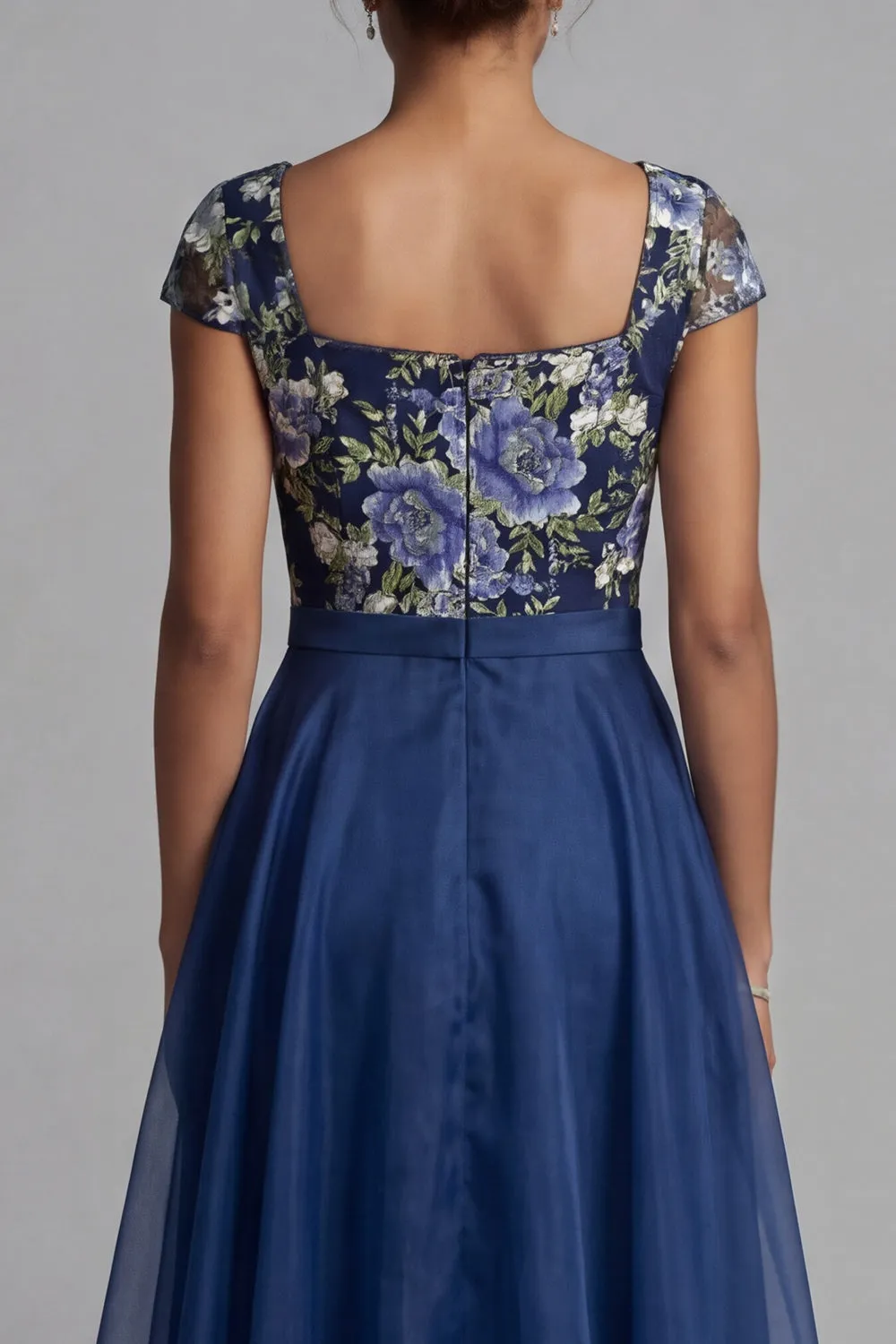 Navy Flower A Line Chiffon Square Neck Long Mother of the Bride Dress with Bow sold by Zapaka product image thumbnail 5