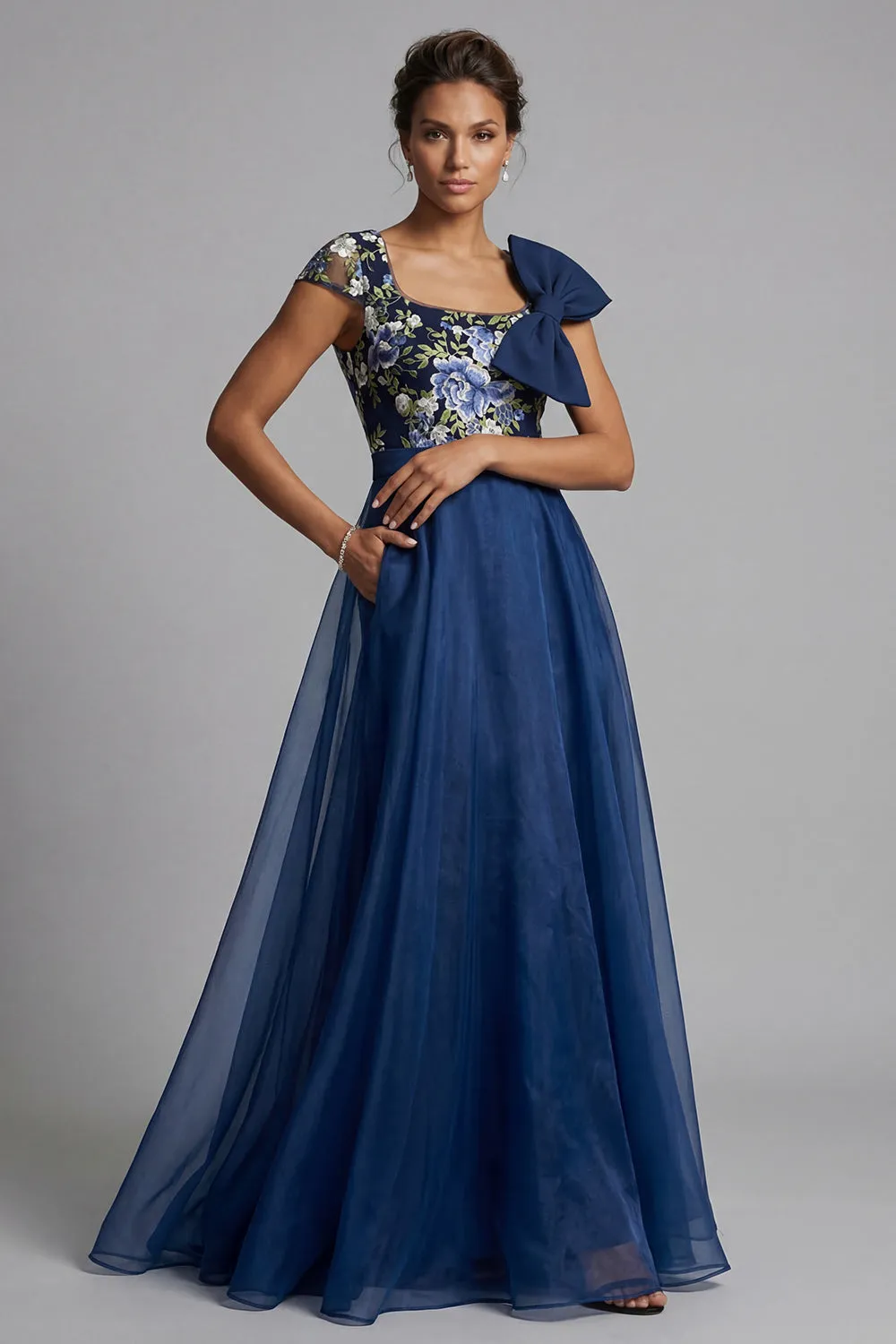 Navy Flower A Line Chiffon Square Neck Long Mother of the Bride Dress with Bow sold by Zapaka product image thumbnail 3