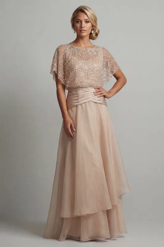 Champagne Sequin A Line Pleated Long Mother of the Bride Dress sold by Zapaka