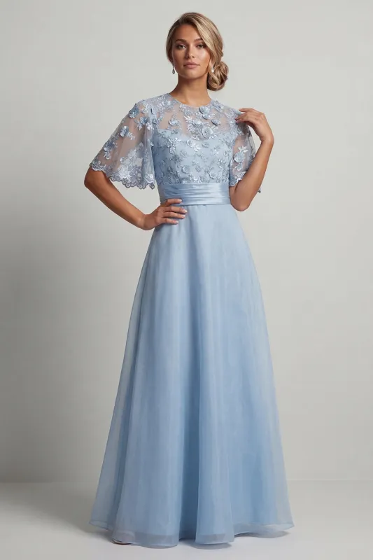 Sky Blue Chiffon A Line Half Sleeves Long Mother of the Bride Dress with 3D Flowers made by Zapaka