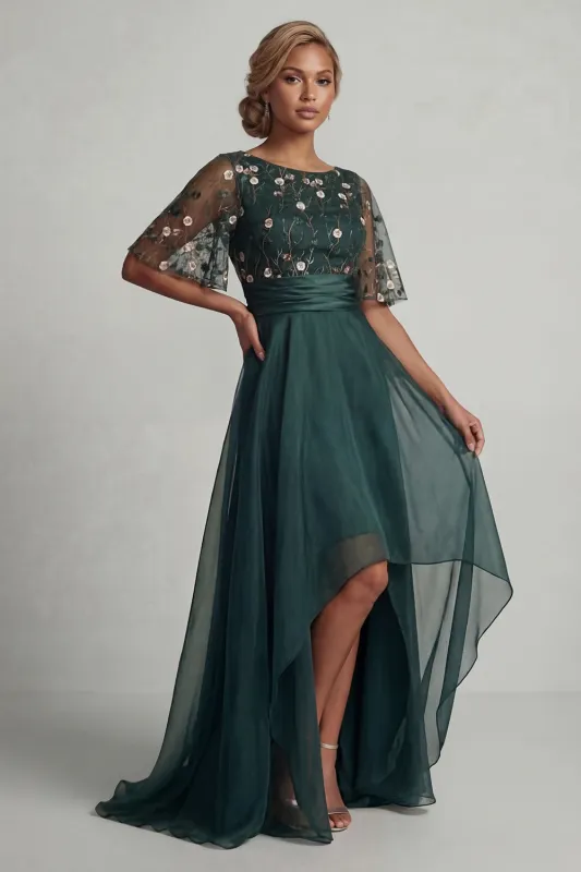 Dark Green A Line High-Low Boat Neck Mother of the Bride Dress with Half Sleeves made by Zapaka